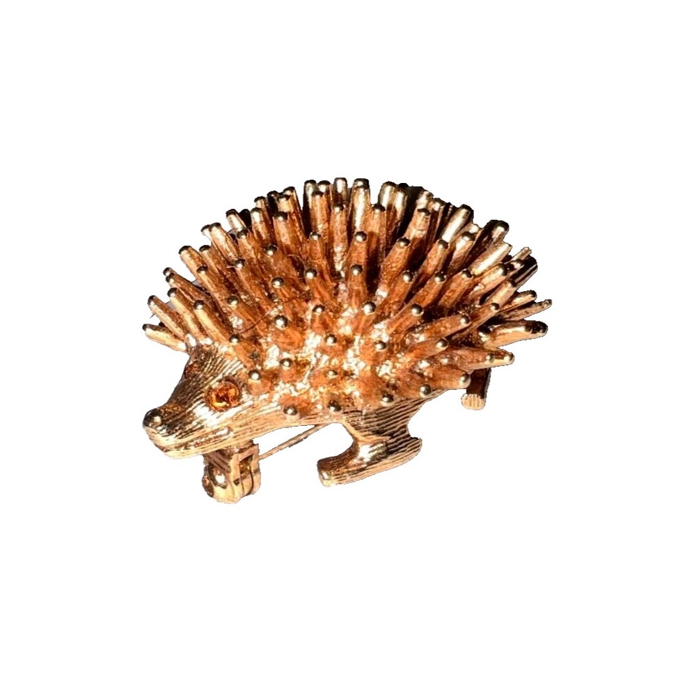 Vintage Sarah Coventry Gold Tone Hedgehog Brooch Pin Amber Rhinestone Eyes
